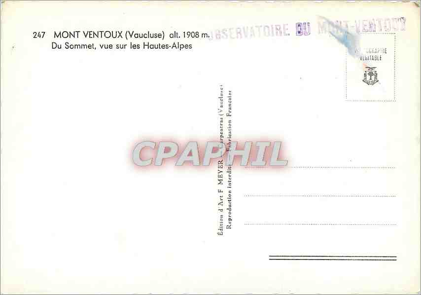 Mont Ventoux — vue du sommet sur les Hautes-Alpes — Édition d'Art F. Meyer (Vaucluse) — Rückseite