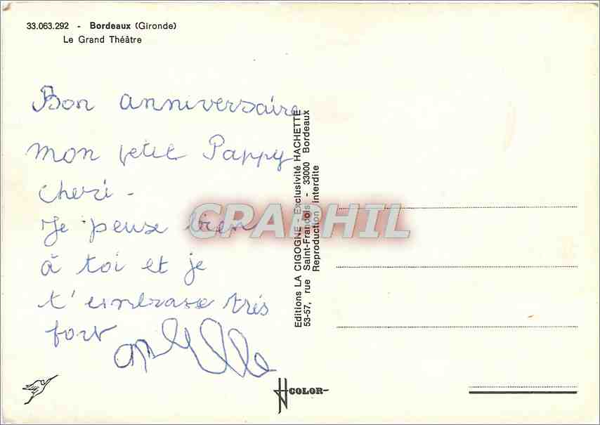 CPM Bordeaus (Gironde) Le Grand Theatre — Verso