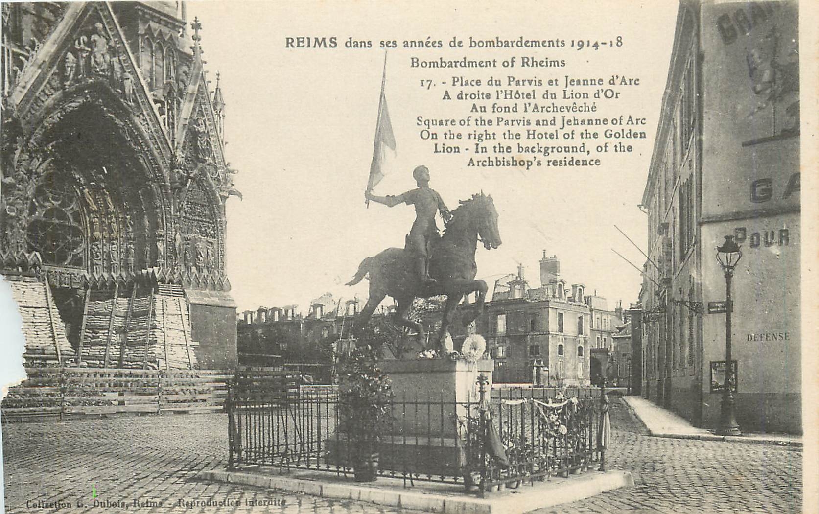Reims dans ses années de bombardements 1914-18 — Place du Parvis et statue de Jeanne d'Arc — Collection G. Dubois, Reims