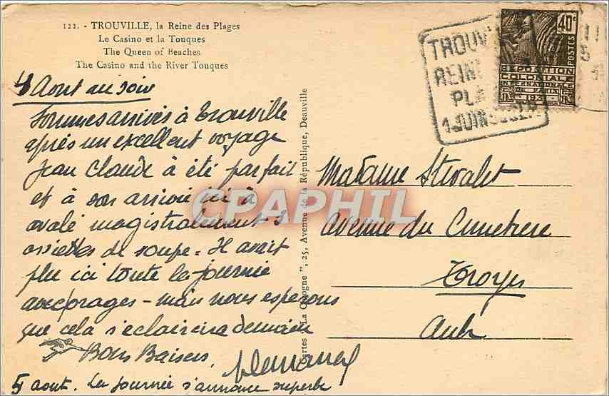 TROUVILLE, la Reine des Plages — Le Casino et la Touques — éditeur inconnu, n° 123 — Verso