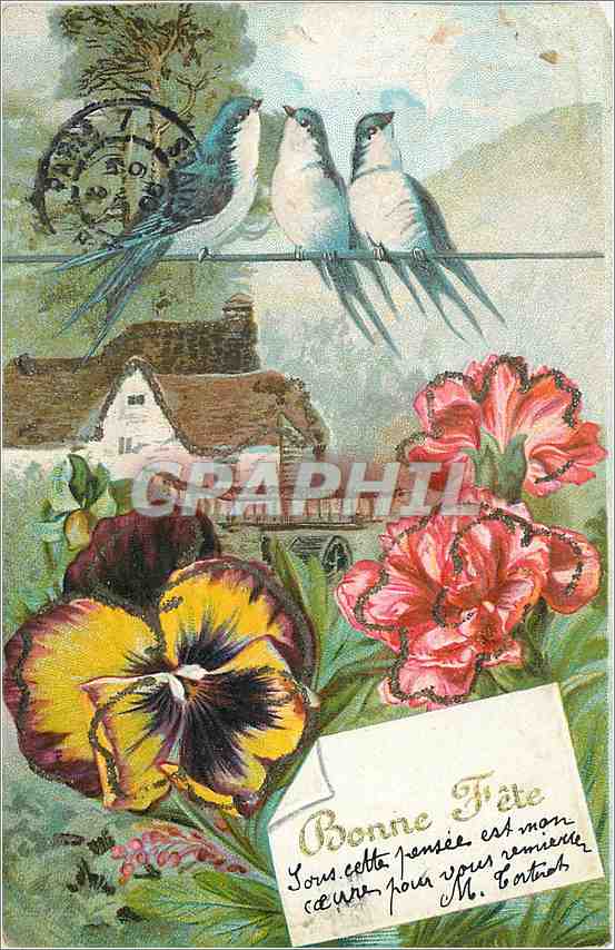 CPA Bonne Fete Fleurs Hirondelle