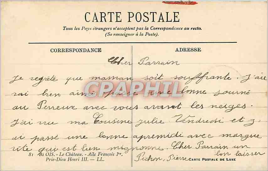 Intérieur d'un château — Salle à décor de boiseries et de plafond à poutres — Carte postale de luxe — Rückseite