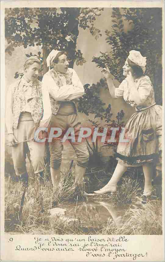Scène de comédie — trois personnages dans un décor de forêt — éditeur R.P.I. n°9