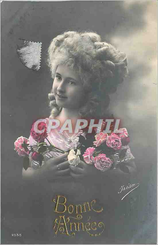 Jeune fille en robe à volants — roses — Paris, éditeur Parisson, n° 2535