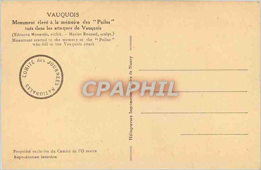CPA Vauquois Monument eleve a la memoire des Poilus tues dans les attaques de Vauquois  — Rückseite