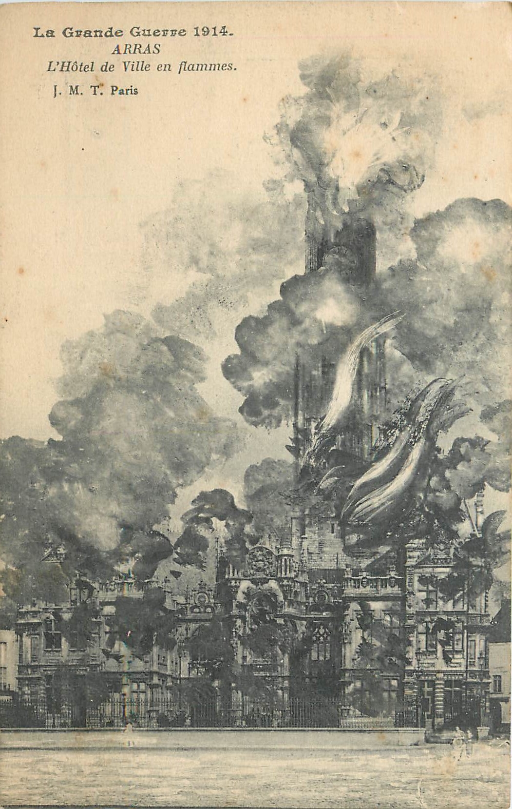 CPA La Grande Guerre Arras L'Hotel de Ville en flammes Militaria