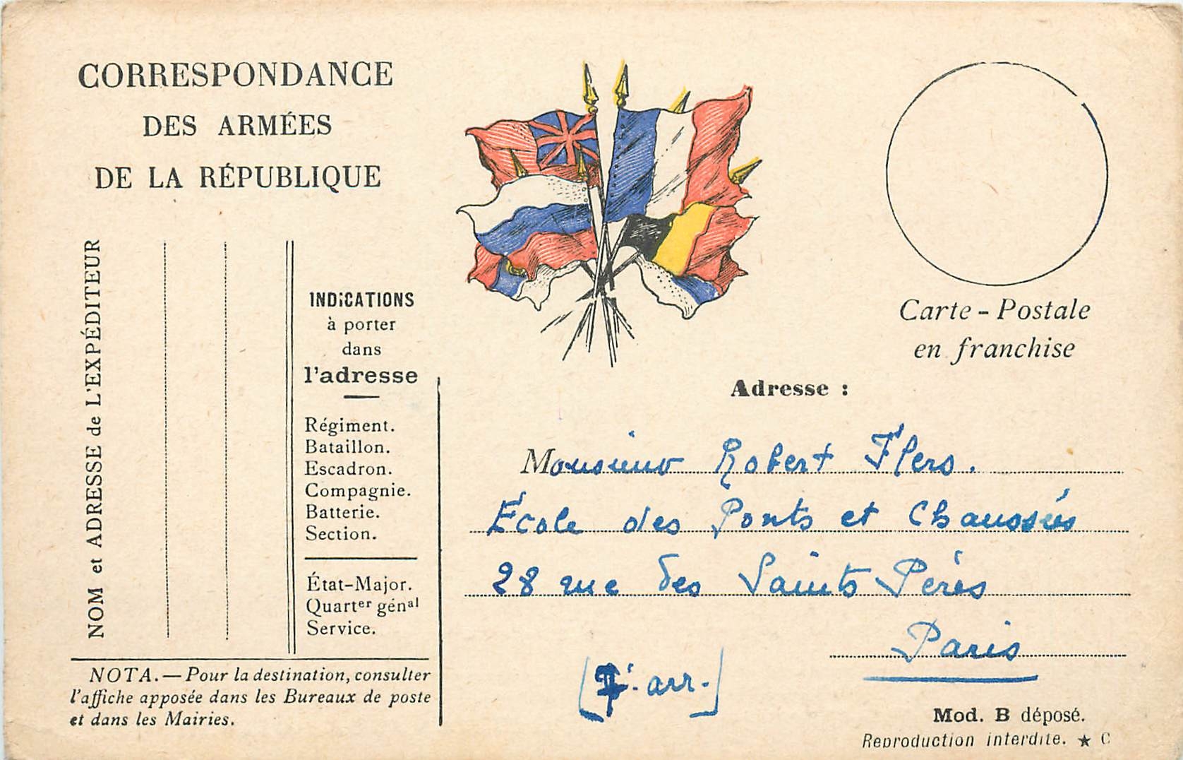 Carte de Franchise Militaire Robert Flers Rue des Saints Peres Paris