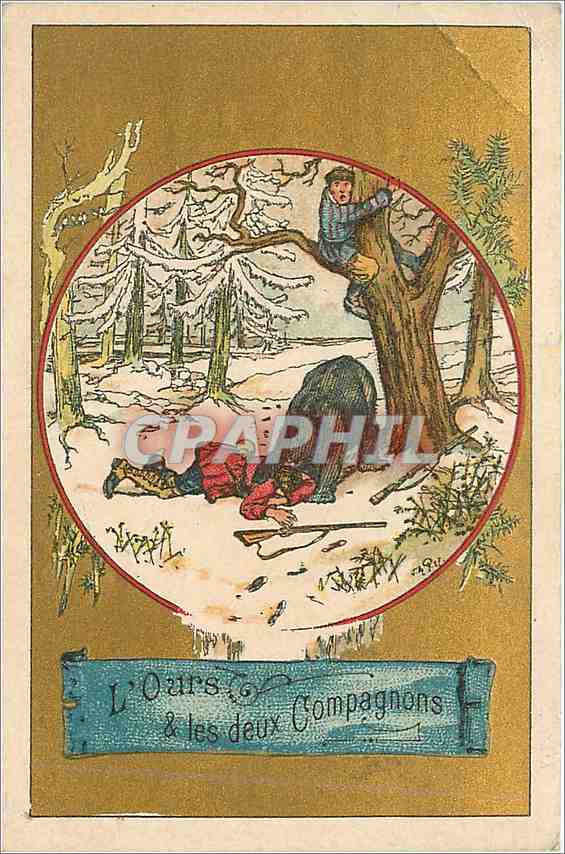 L'Ours & les deux Compagnons — illustration de scène de chasse en hiver — éditeur non visible