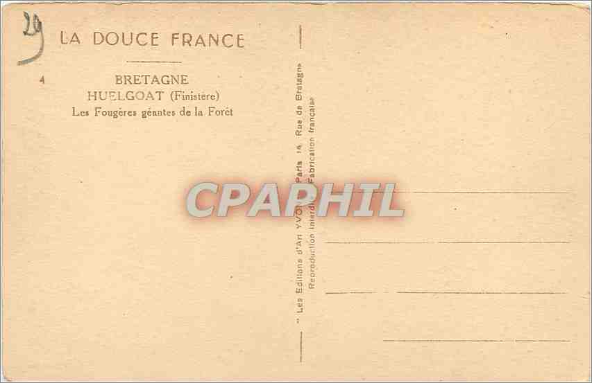 CPA Bretagne Huelgoat Finister Les Fougeres geantes de la Foret  — Rückseite