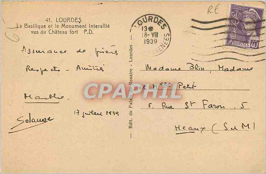 CPA Lourdes La Basilique et le Monument Interallie vus du Chateau fort  — Verso
