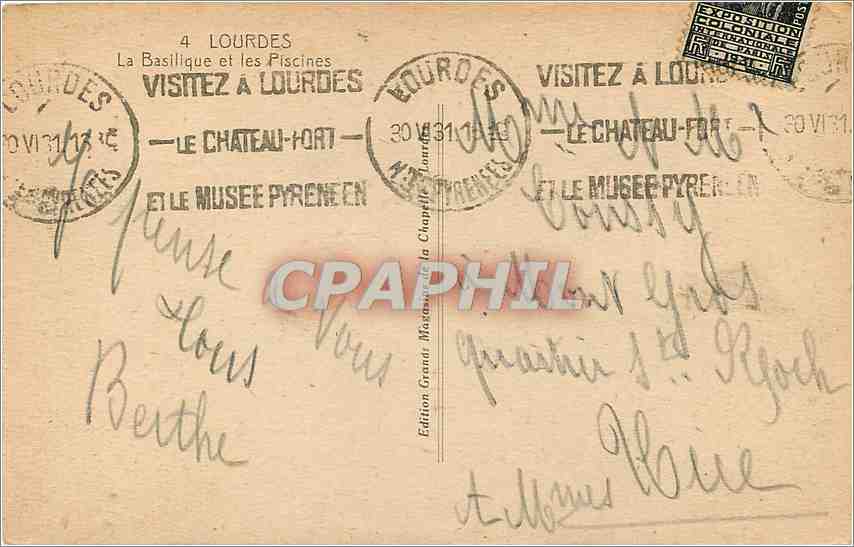CPA Lourdes La Basilique et les Piscines  — Verso