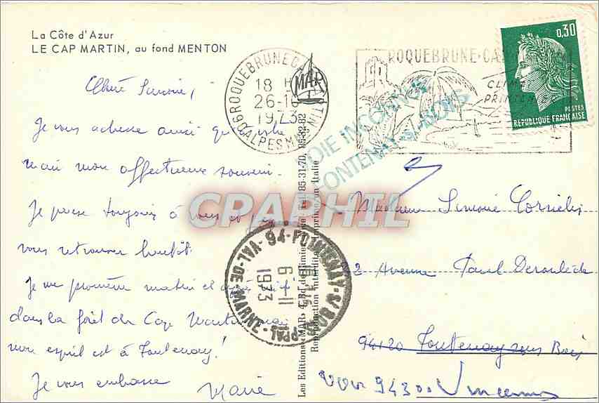 CPM La Cote d'Azur Le Cap Martin au fond Menton  — Verso