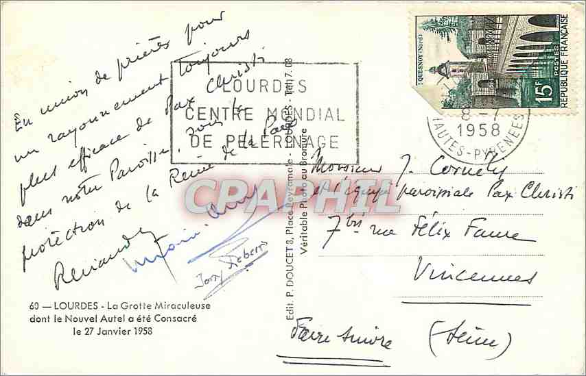 CPM Lourdes La Grotte Miraculeuse dont le Nouvel Autel a ete Consacre  — Verso