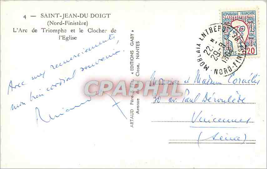 CPM Saint Jean du Doigt Nord Finistere L'Arc de Triomphe et le Clocher de l'Eglise  — Rückseite