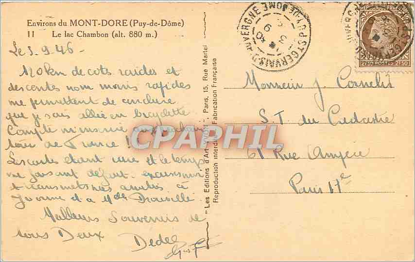 CPA Environs du Mont Dore Puy de Dome Le Lac Chambon  — Rückseite