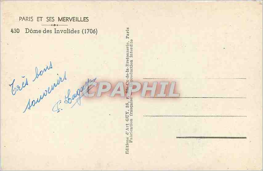 CPM Paris et ses Merveilles Dome des Invalides  — Verso