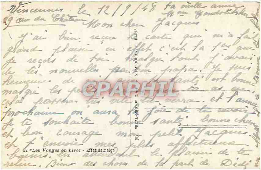 CPM Les Vosges en hiver Effet de neige  — Verso