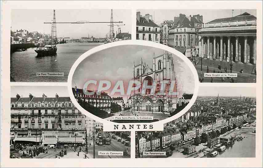 CPM Nantes Le pont transbordeur Place Graslin et le theatre Place du Commerce Vue panoramique