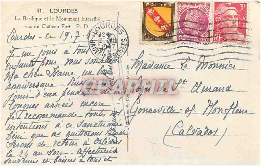 CPM Lourdes La Basilique et le Monument Interallie vus du Chateau Fort  — Verso
