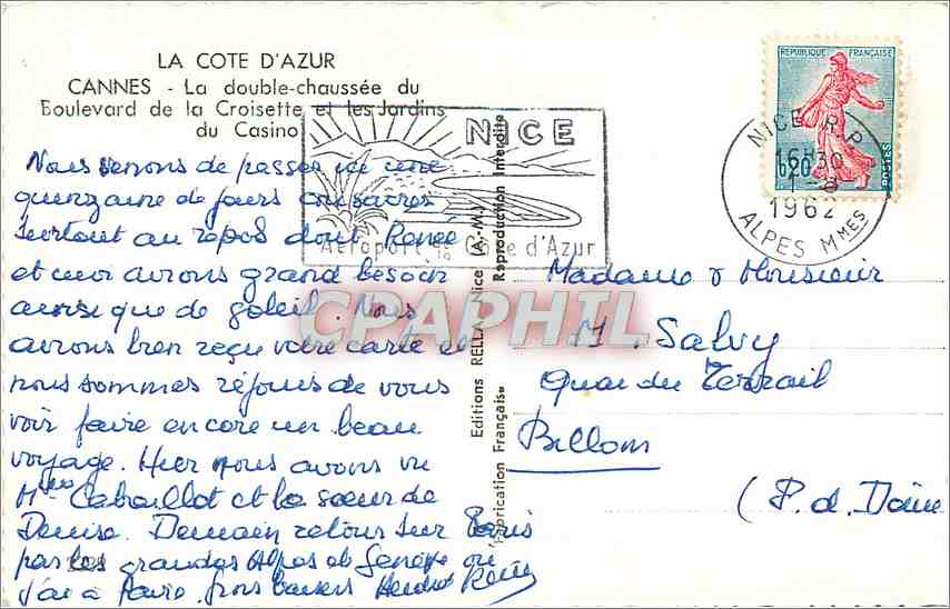 CPM La Cote d'Azur Cannes La double chaussee du Boulevard de la Croisette et les Jardins du Casino  — Verso