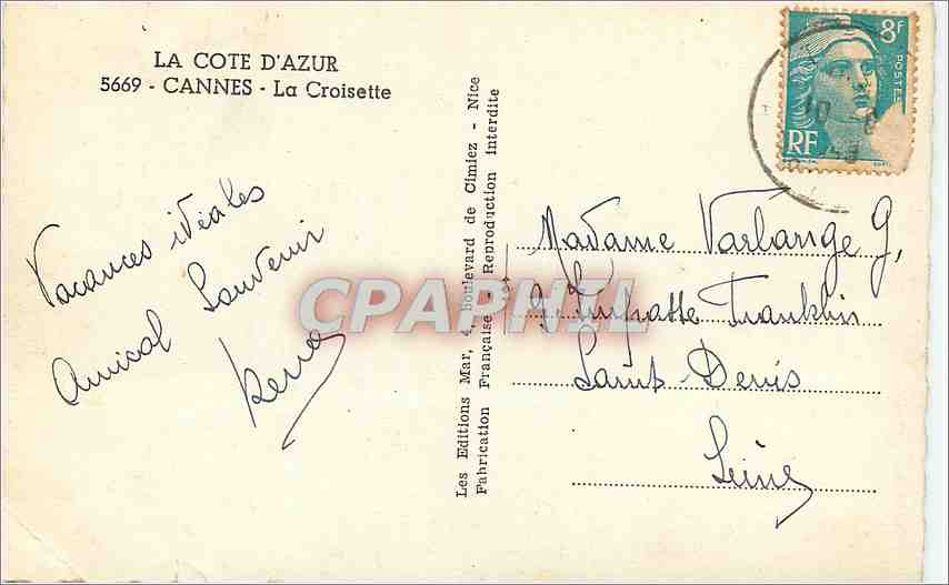 CPM La Cote d'Azur Cannes La Croisette  — Verso