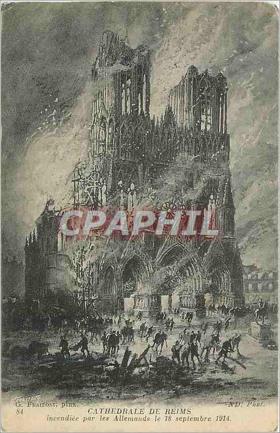 CPA Cathedrale de Reims incendiee par les Allemands 