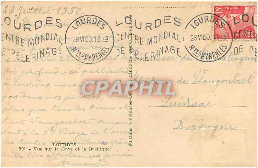 CPA Lourdes Vue sur le Gave et la Basilique  — Rückseite