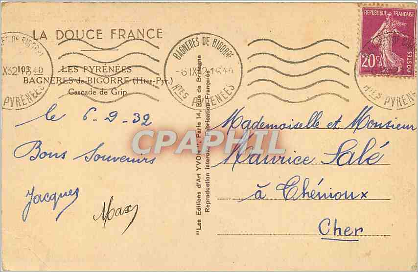 CPA Les Pyrenees Bagneres de Bigorre Htes Pyr Cascade de Grip  — Verso