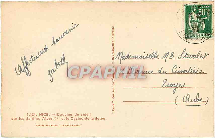 CPA Nice Courcher de soleil sur les Jardins Albert Ier et le Casino de la Jetee  — Rückseite