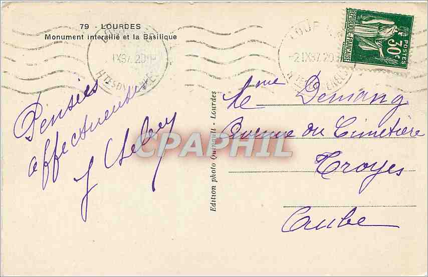 CPA Lourdes Monument interallie et la Basilique  — Verso