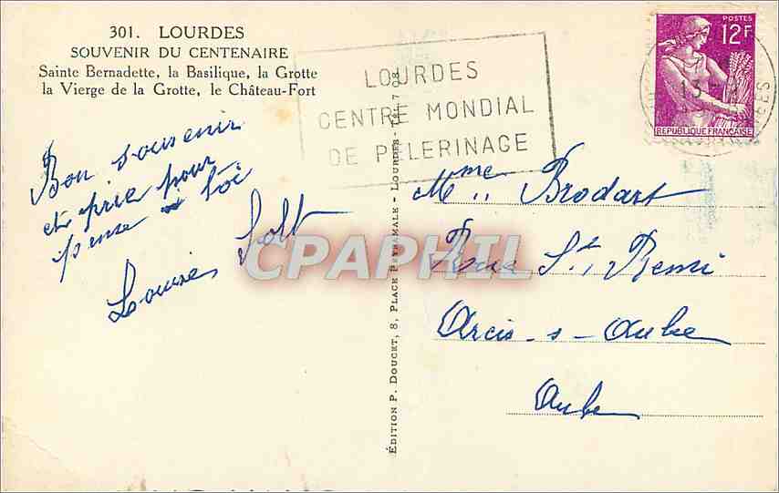 CPA Lourdes Souvenir du Centenaire des Apparitions  — Verso