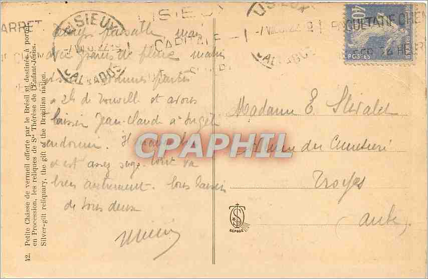 CPA Petite Chasse de vermeil effere par le Bresil et destinee a porte en Procession Lisieux — Rückseite