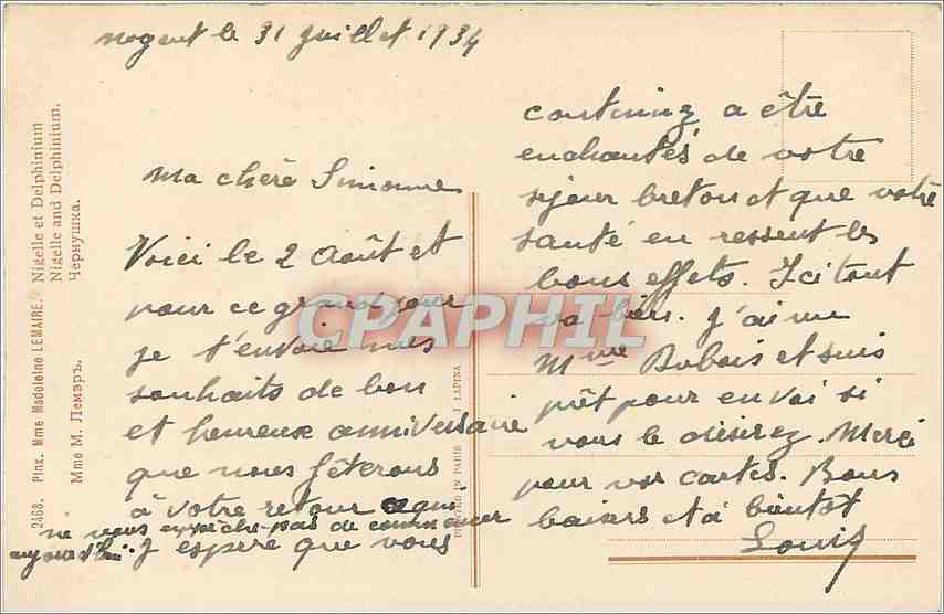 CPA Mme Madeleine Lemaire Nigelle et Delphinium  — Rückseite