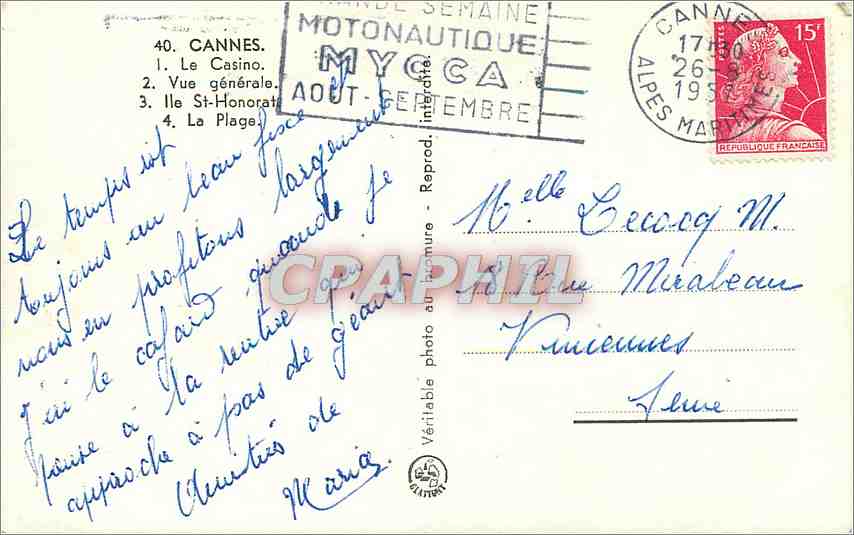 CPM Cannes Le Casino Vue generale Ile St Honorat La Plage  — Rückseite