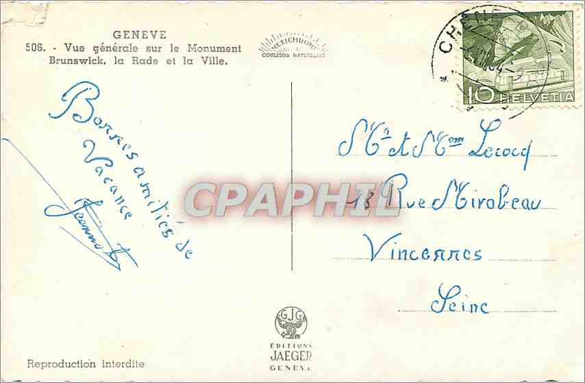CPM Geneve Vue generale sur le Monument Brunswick La Rade et la Ville  — Rückseite