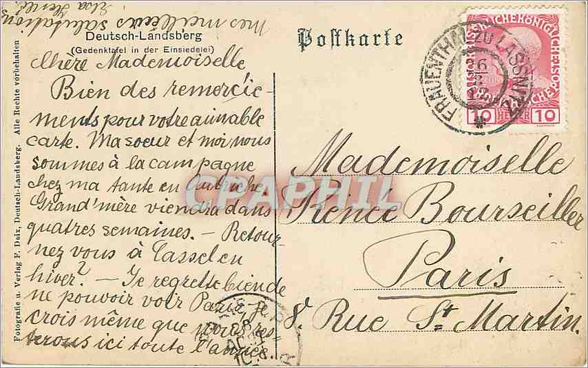 CPA Deutsch Landsberg Gedenktafel in der Einsiedelei  — Rückseite