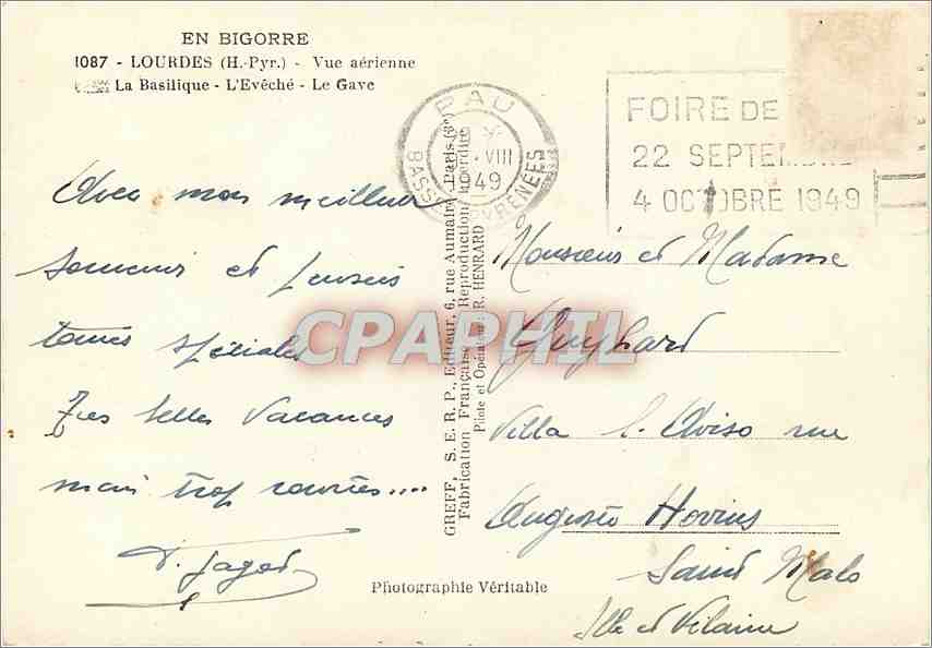 CPM Lourdes H Pyr Vue aerienne La Basilique L'Eveche Le Gave  — Verso
