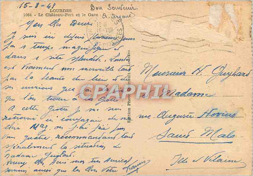CPM Lourdes Le Chateau Fort et le Gave  — Verso
