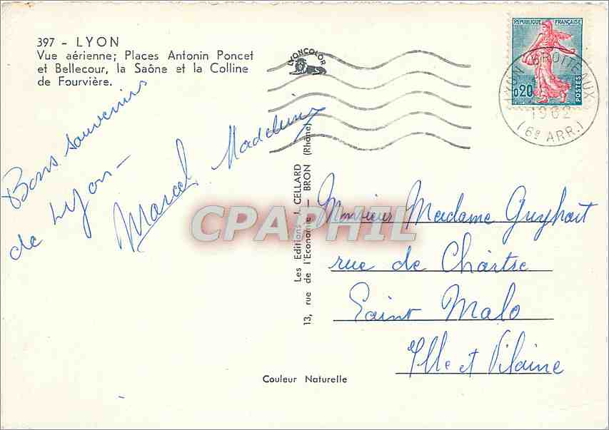 CPM Lyon Vue aerienne Places Antonin Poncet et Bellecour  — Verso