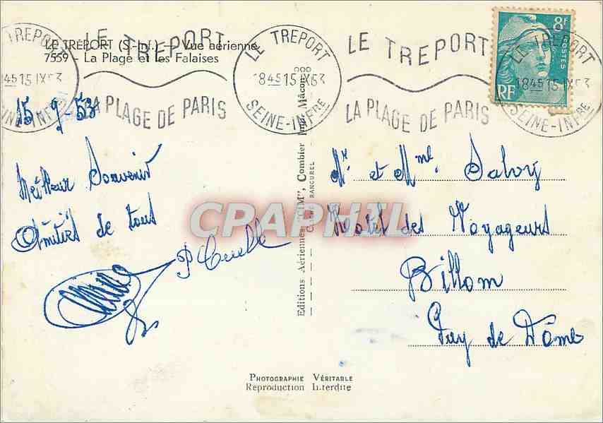 CPM Le Treport S Inf Vue aeriennes La Plage et les Falaises  — Rückseite
