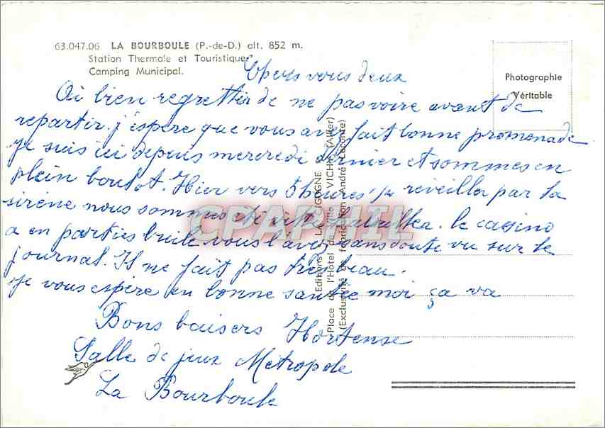 CPM La Bourboule P de D Station Thermale et Touristique Camping Municipal  — Rückseite