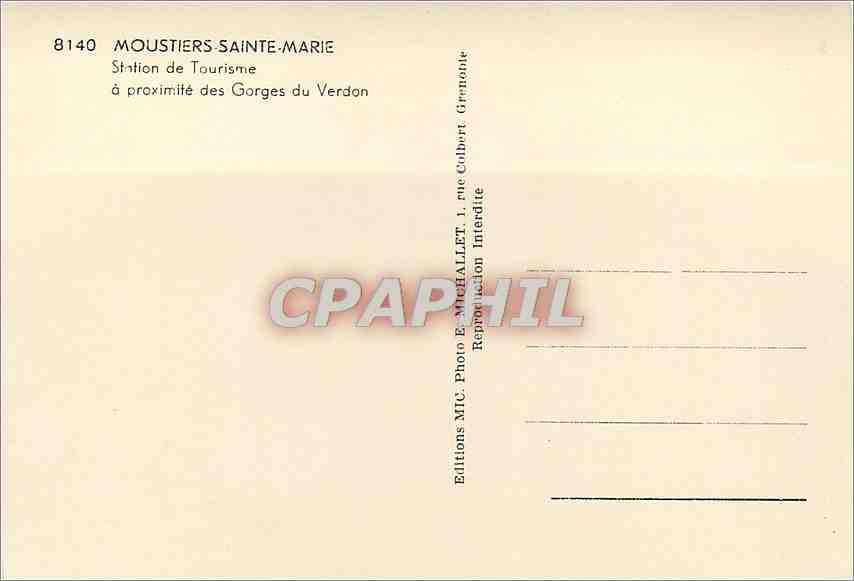 CPM Moustiers Sainte Marie Station Tourisme a proximite des Gorges du Verdon  — Verso