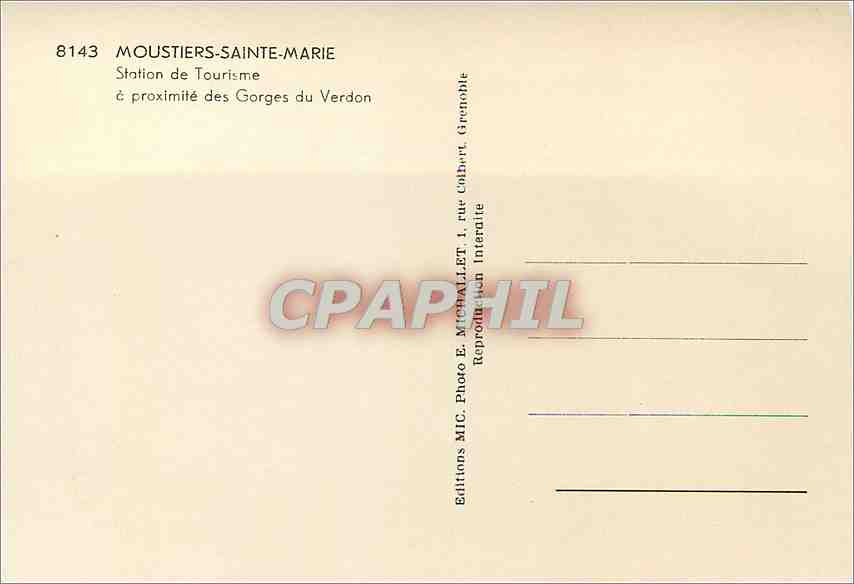 CPM Moustiers Sainte Marie Station de Tourisme a proximite des Gorges du Verdon  — Rückseite