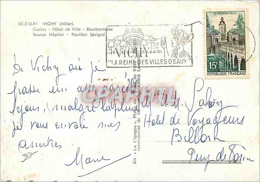 CPM Vichy Allier Casino Hotel de Ville Bourbonnaise Source Hopital Pavillon Sevigne  — Verso