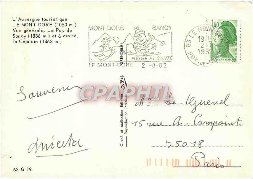 CPM Le Mont Dore Vue generale Le Puy de Sancy  — Verso