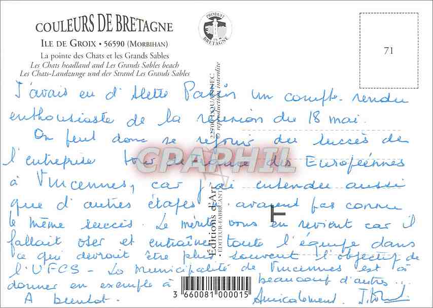 CPM L'Ile de Groix Morbihan La pointe des Chats et les Grands Sables  — Rückseite