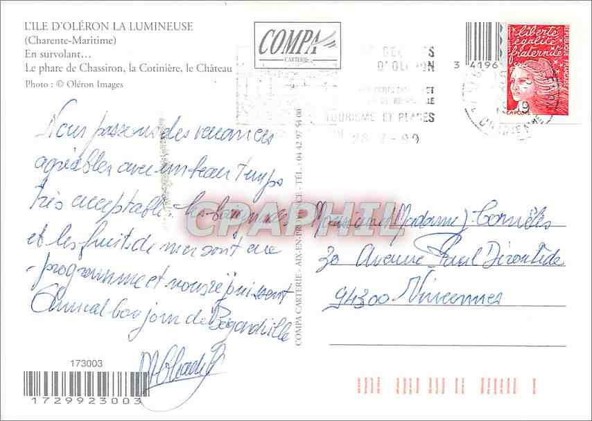 CPM L'Ile d'Oleron Charente Maritime En survolant Le phare de Chassiron la Cotiniere le Chateau  — Verso