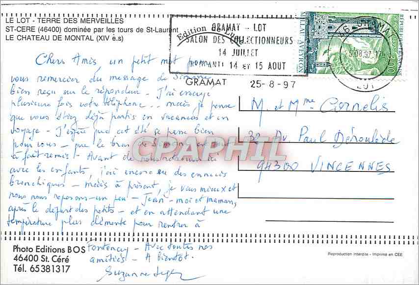 CPM St Cere dominee par les tours de St Laurent Le Chateau de Montal  — Rückseite