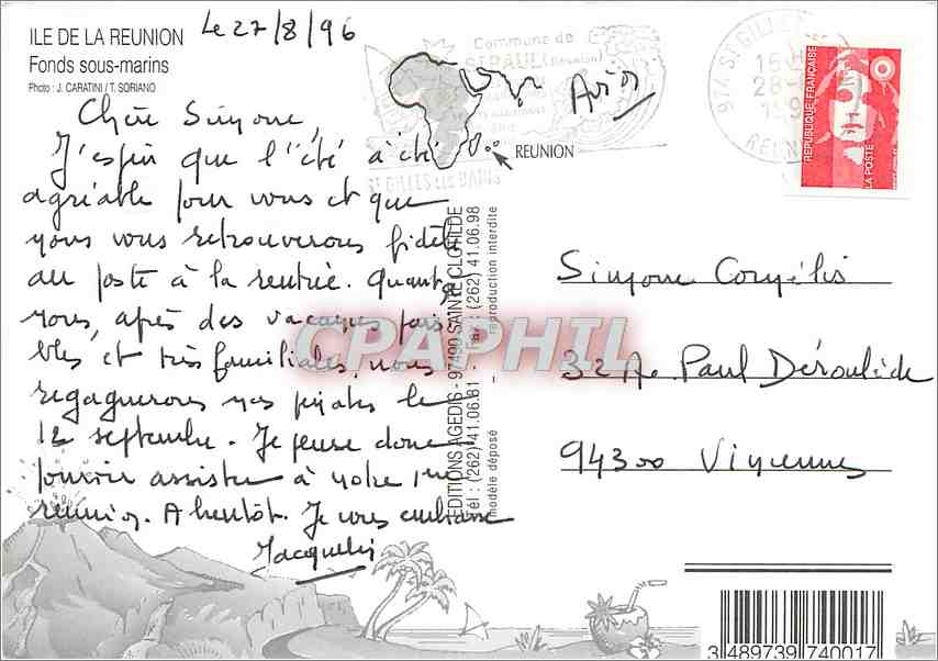 CPM Ile de la Reunion Fonds sous marins  — Rückseite