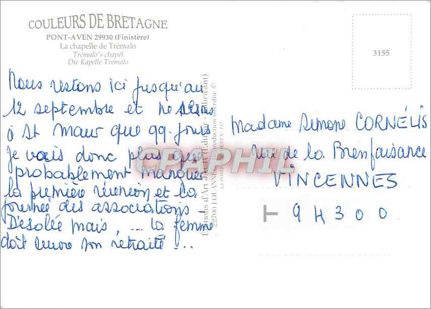 CPM Pont Aven Finistere La chapelle de Tremalo  — Rückseite